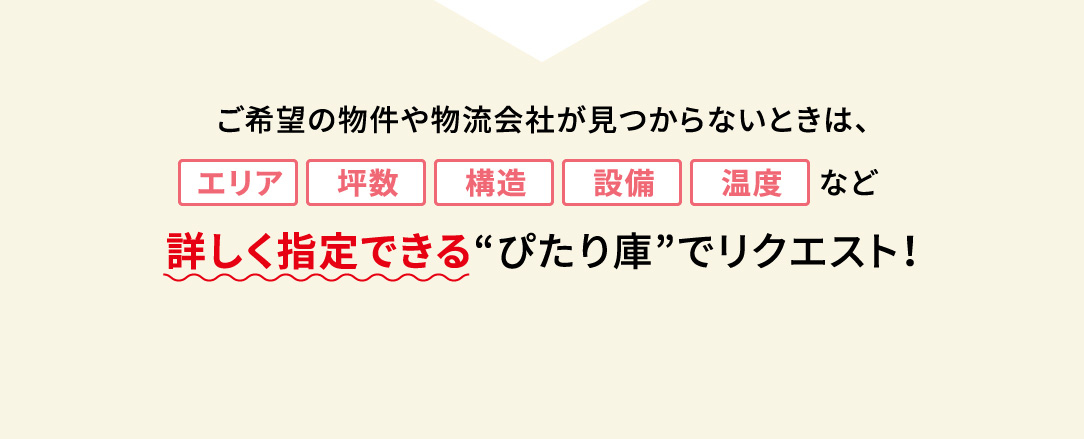 ご希望の物件や物流会社が見つからないときは、エリア、坪数、構造、設備、温度など詳しく指定できる"ぴたり庫"でリクエスト！